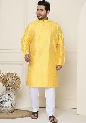 Mustard Thread Work Cotton Kurta Set For Men