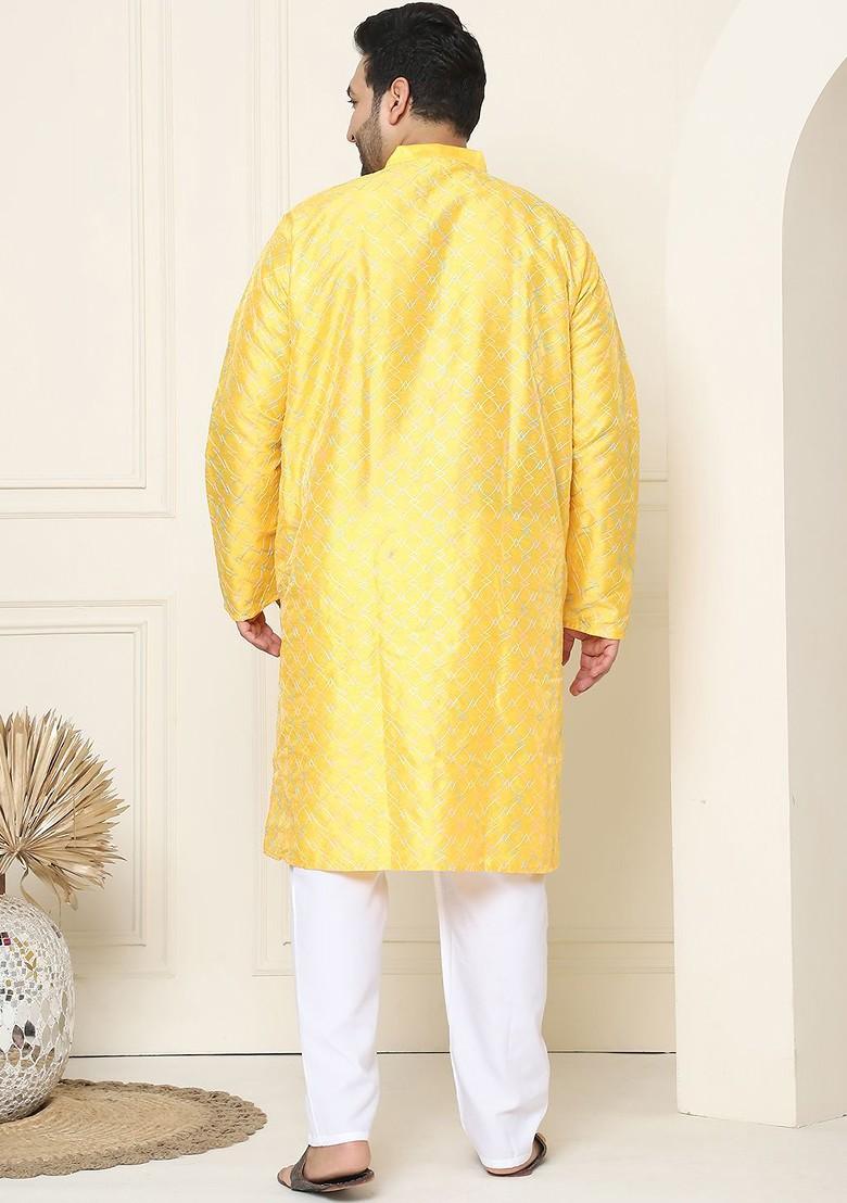 Mustard Thread Work Cotton Kurta Set For Men