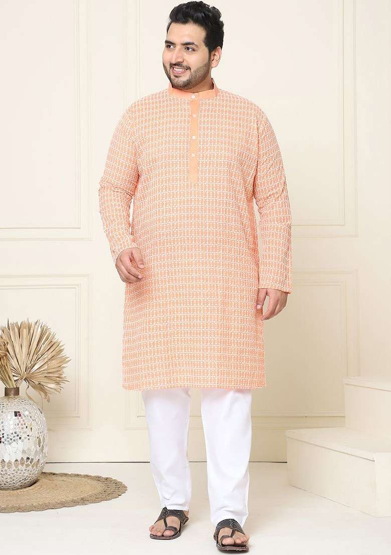 Peach Thread Work Cotton Kurta Set For Men - Indya