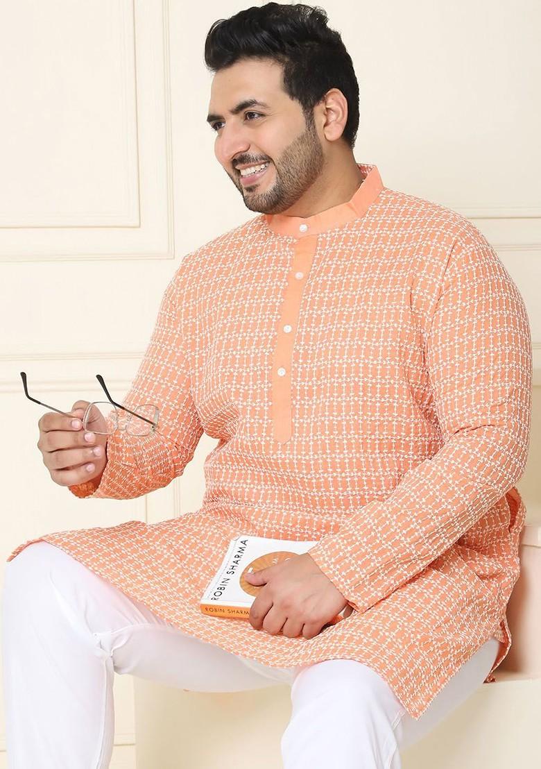 Peach Thread Work Cotton Kurta Set For Men