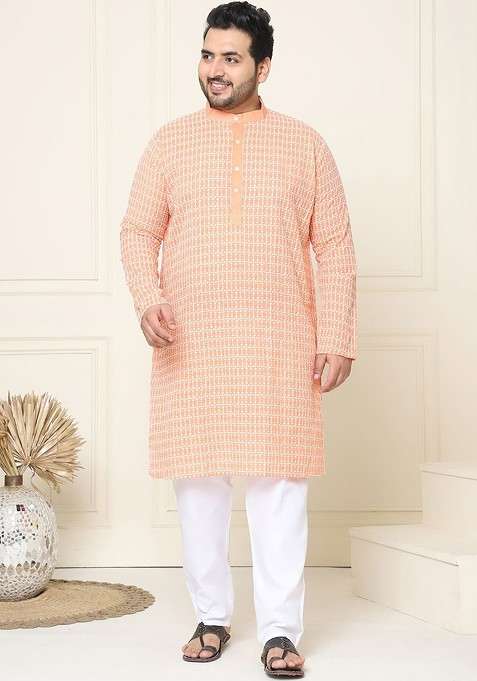 Peach Thread Work Cotton Kurta Set For Men
