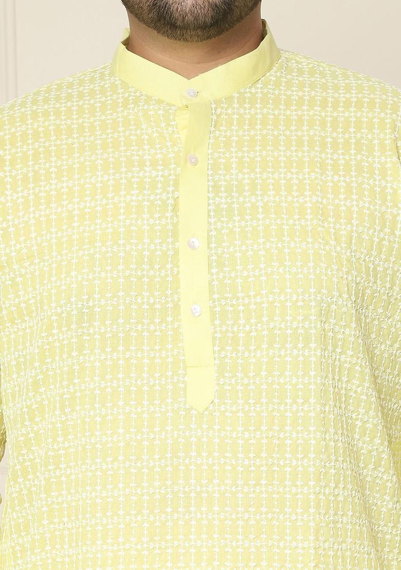 Yellow Embroidered Poly Blend Kurta Set For Men