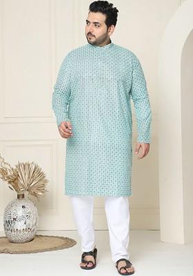 Sea Green Ethnic Motifs Poly Blend Kurta Set For Men