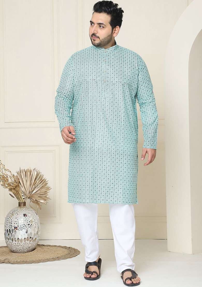 Sea Green Ethnic Motifs Poly Blend Kurta Set For Men - Indya