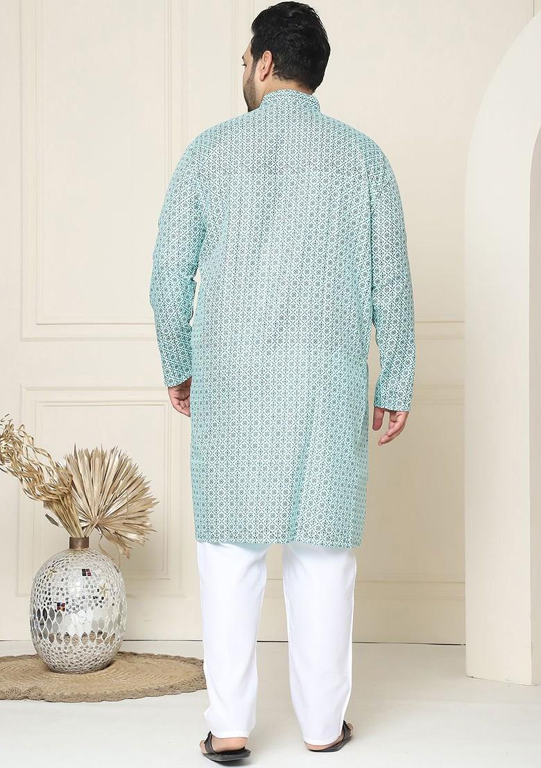 Sea Green Ethnic Motifs Poly Blend Kurta Set For Men