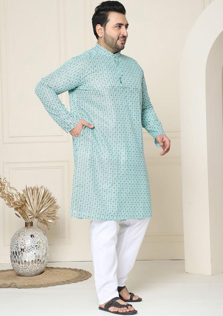 Sea Green Ethnic Motifs Poly Blend Kurta Set For Men