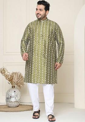 Green Thread Work Cotton Kurta Set For Men