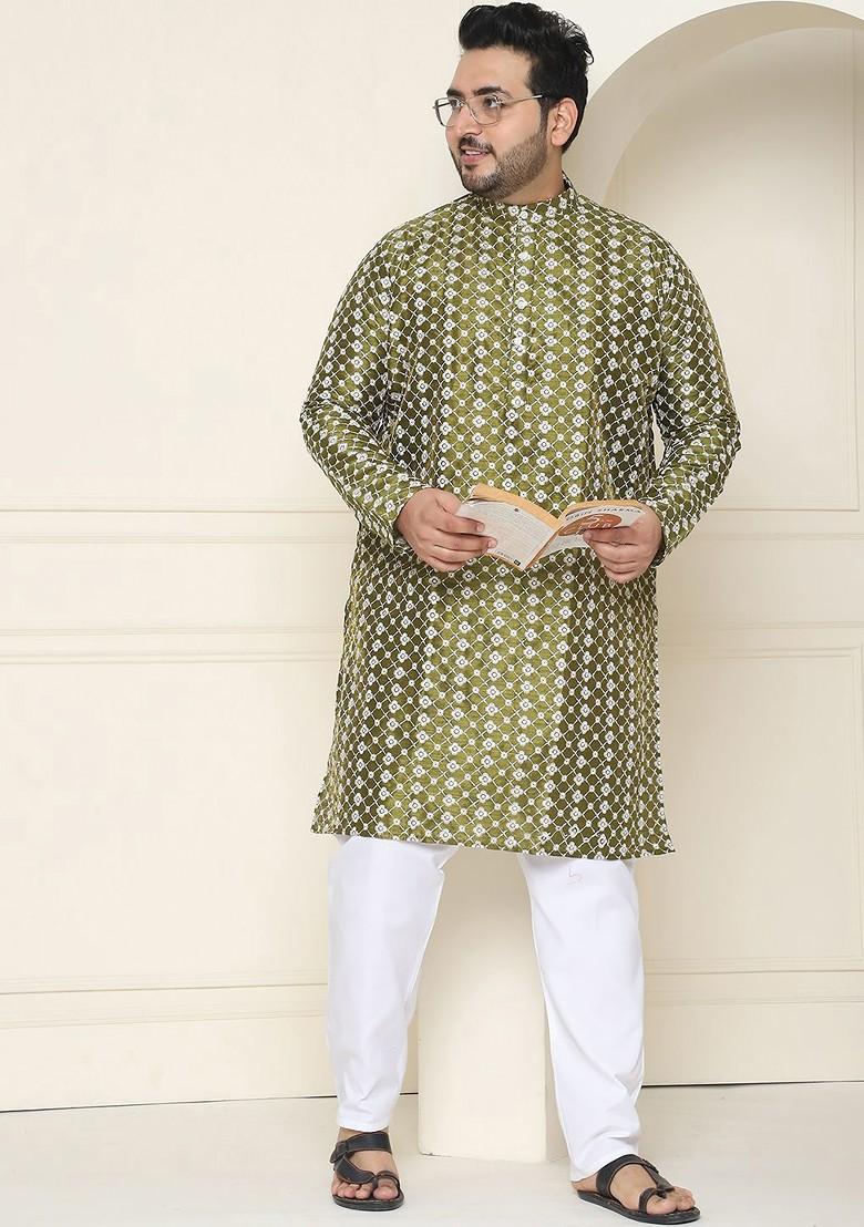 Green Thread Work Cotton Kurta Set For Men