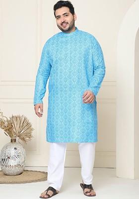 Blue Ethnic Motifs Cotton Kurta Set For Men