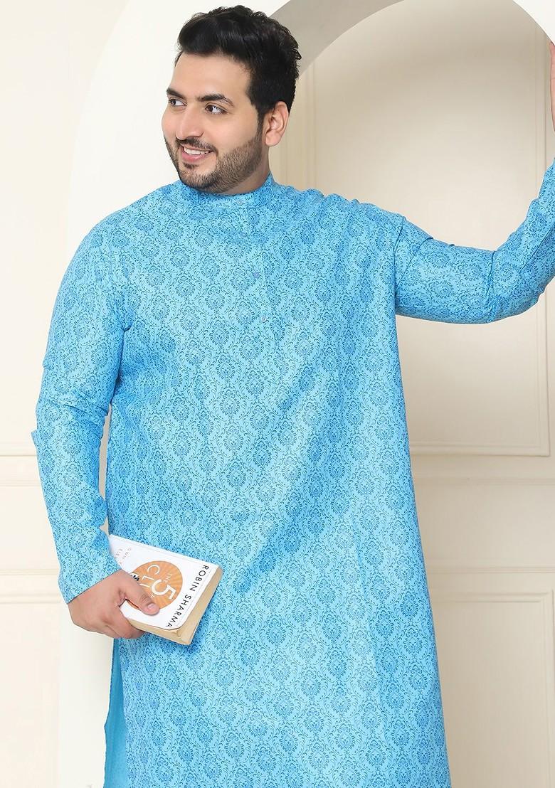 Blue Ethnic Motifs Cotton Kurta Set For Men