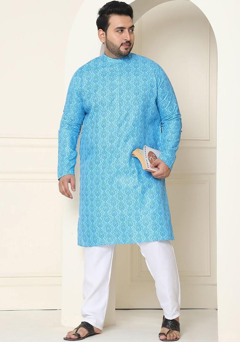 Blue Ethnic Motifs Cotton Kurta Set For Men