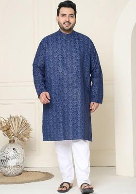 Navy Blue Ethnic Motifs Poly Blend Kurta Set For Men