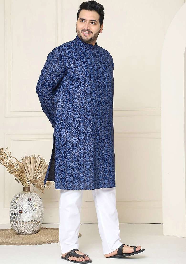 Navy Blue Ethnic Motifs Poly Blend Kurta Set For Men - Indya