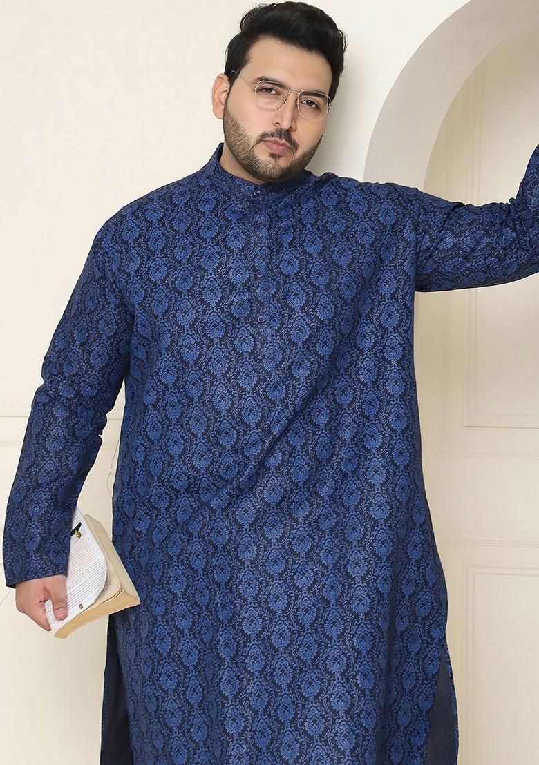 Navy Blue Ethnic Motifs Poly Blend Kurta Set For Men