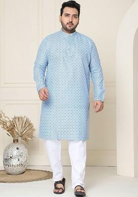 Blue Thread Work Cotton Kurta Set For Men