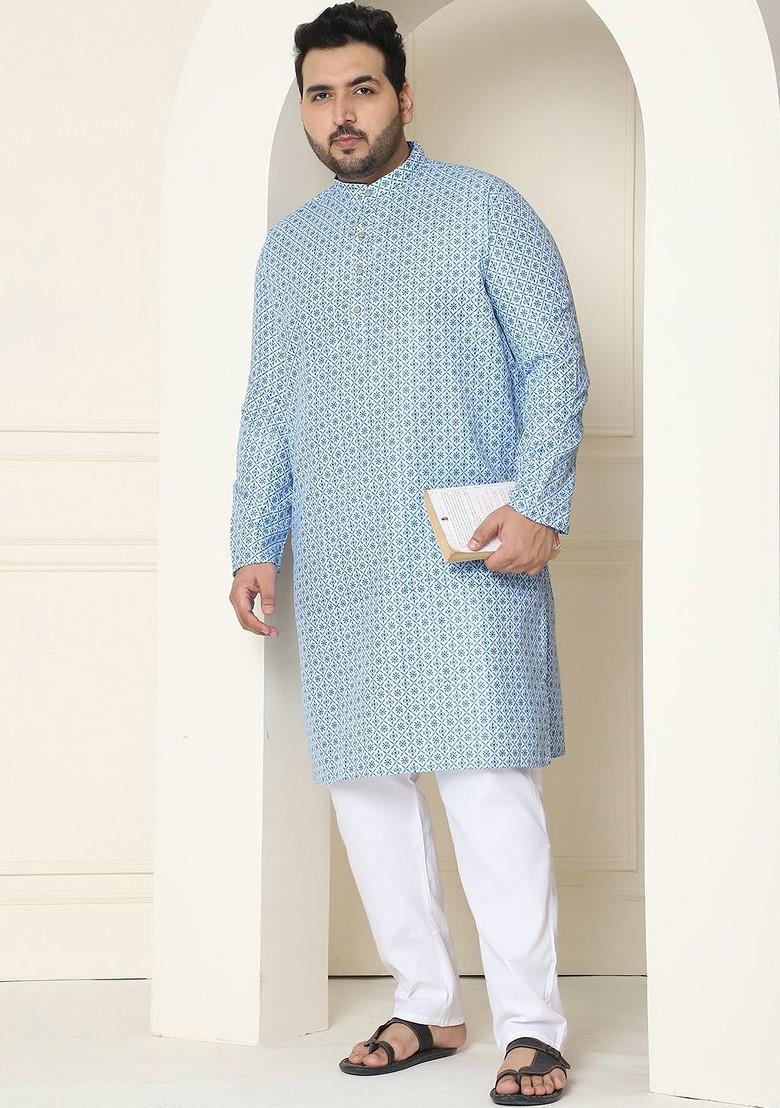 Blue Thread Work Cotton Kurta Set For Men