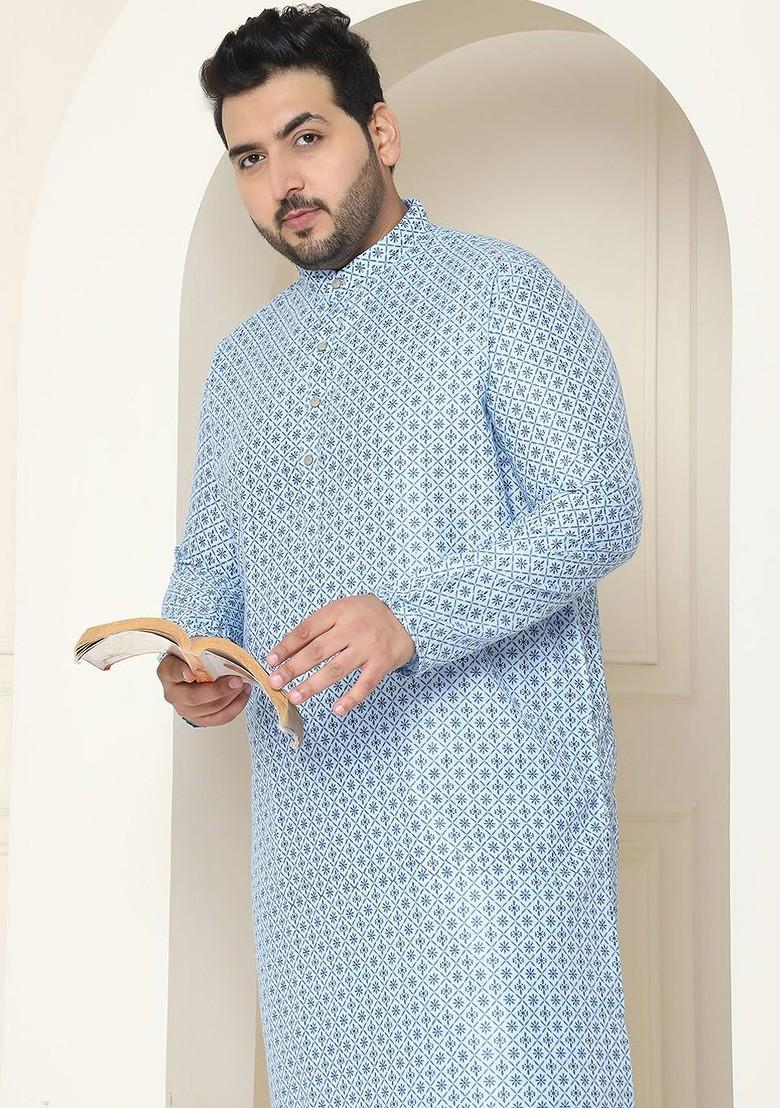 Blue Thread Work Cotton Kurta Set For Men