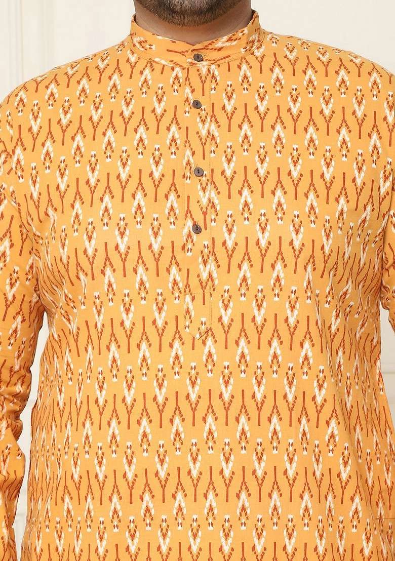 Mustard Printed Cotton Kurta Set For Men - Indya