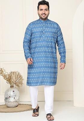 Navy Blue Ethnic Motifs Poly Blend Kurta Set For Men