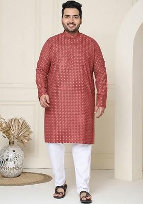 Maroon Thread Work Cotton Kurta Set For Men
