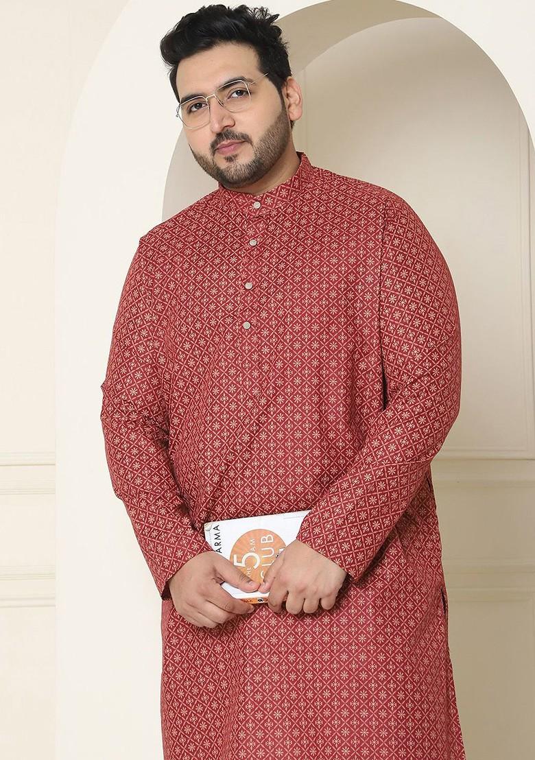 Maroon Thread Work Cotton Kurta Set For Men