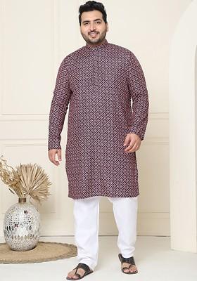 Peach Ethnic Motifs Poly Blend Kurta Set For Men