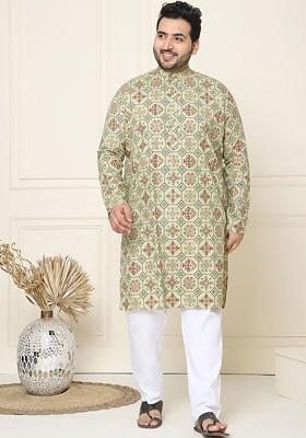 Green Ethnic Motifs Cotton Kurta Set For Men