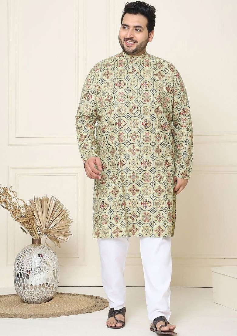 Green Ethnic Motifs Cotton Kurta Set For Men - Indya