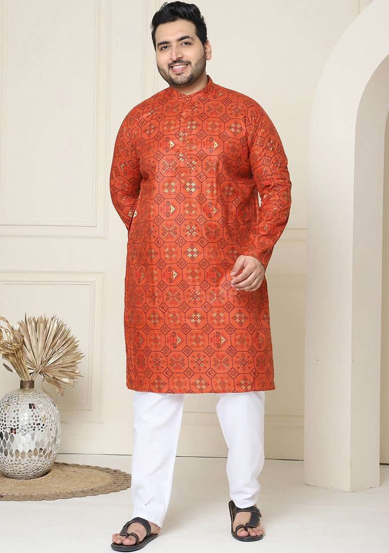 Orange Ethnic Motifs Cotton Kurta Set For Men - Indya