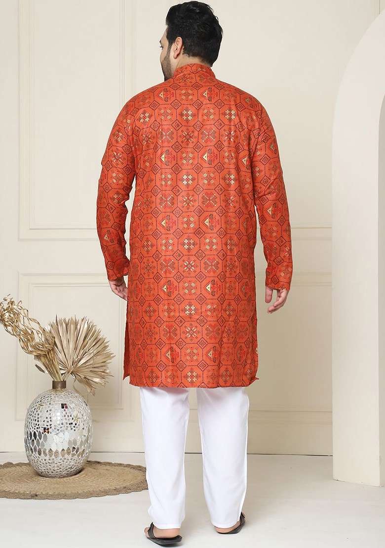 Orange Ethnic Motifs Cotton Kurta Set For Men - Indya
