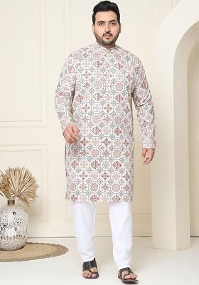 Cream Ethnic Motifs Cotton Kurta Set For Men