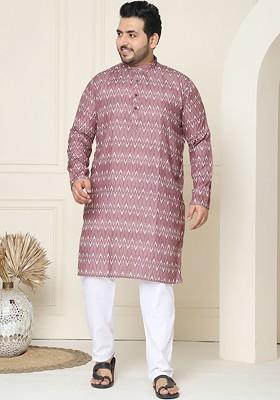 Mauve Printed Cotton Kurta Set For Men