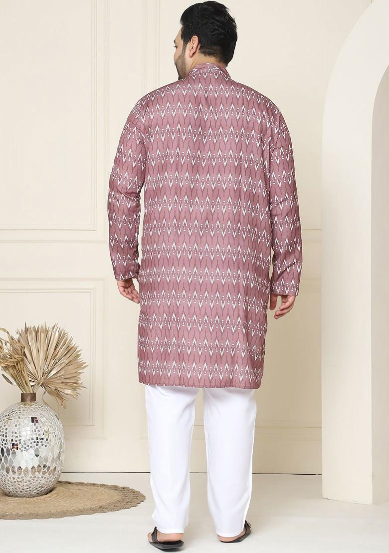 Mauve Printed Cotton Kurta Set For Men