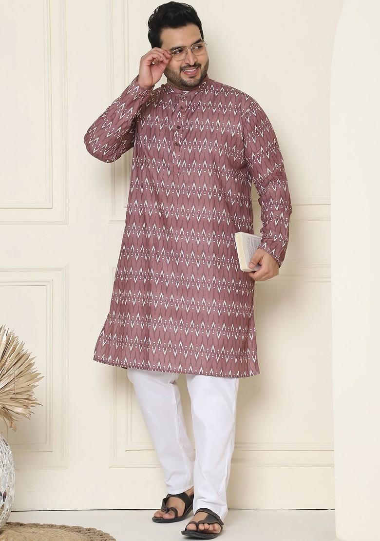 Mauve Printed Cotton Kurta Set For Men
