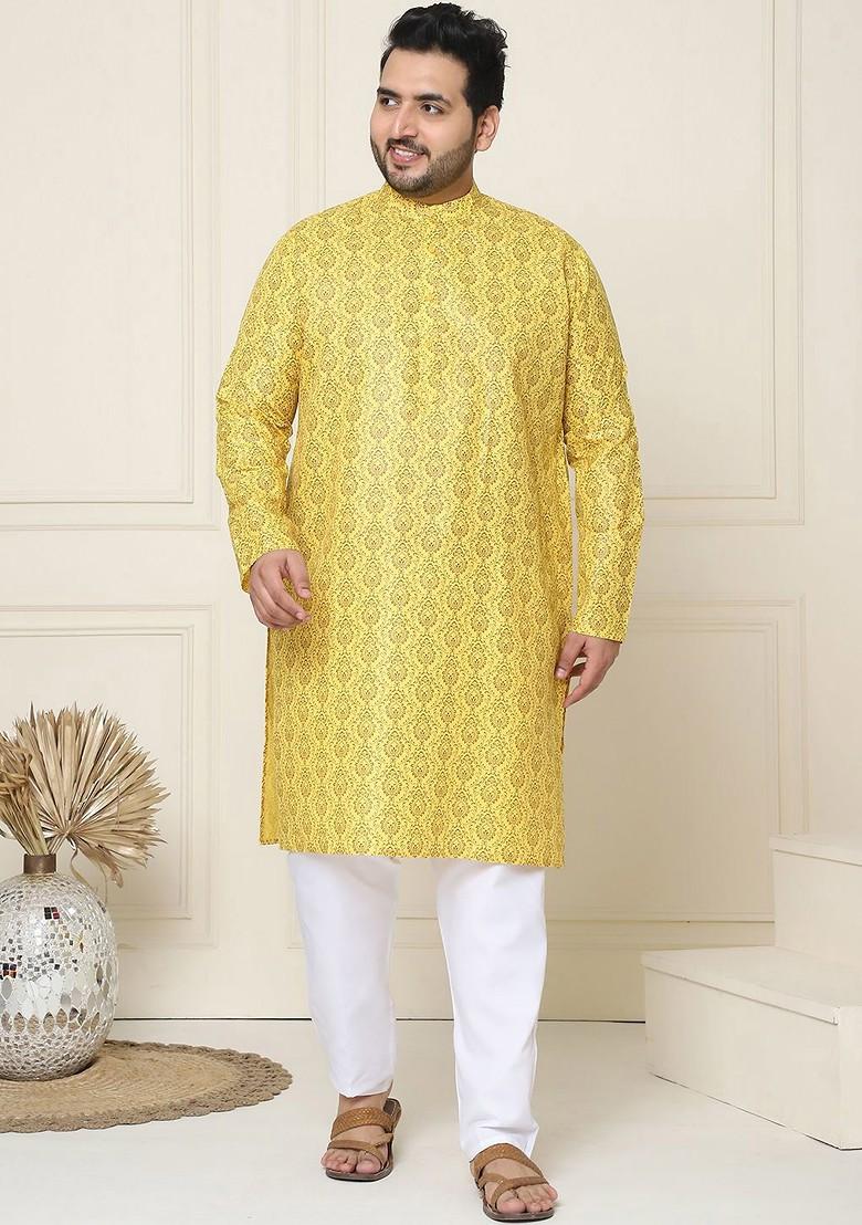 Mustard Ethnic Motifs Cotton Kurta Set For Men