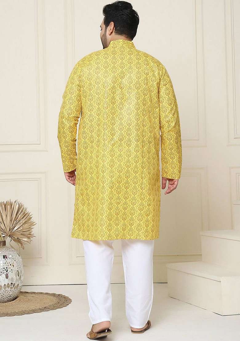 Mustard Ethnic Motifs Cotton Kurta Set For Men - Indya