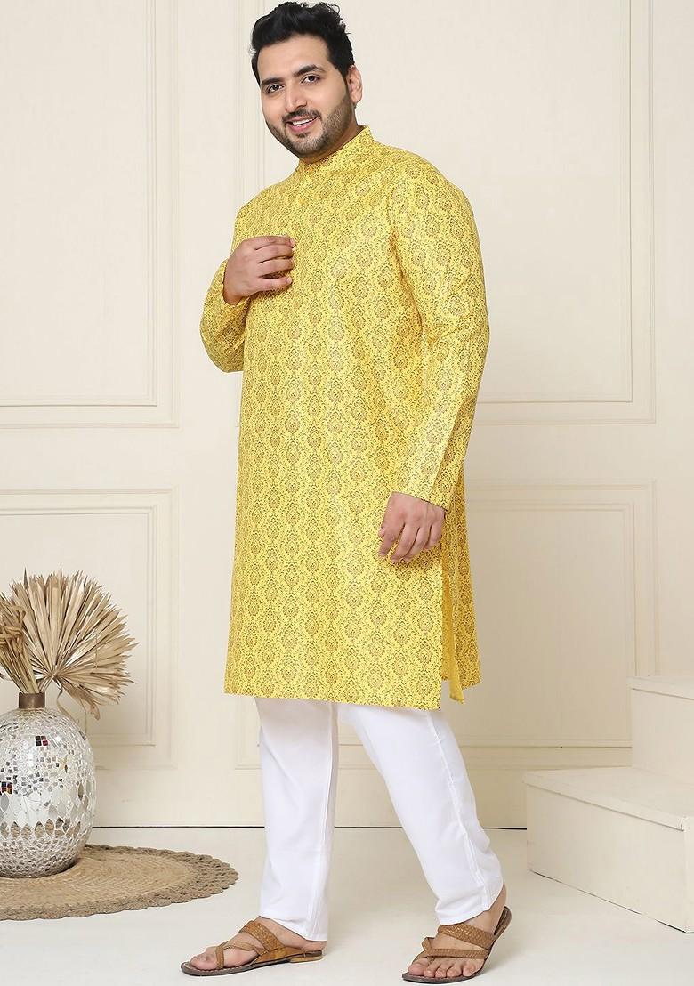 Mustard Ethnic Motifs Cotton Kurta Set For Men