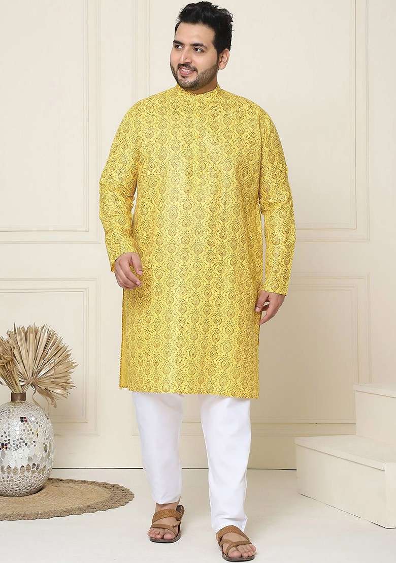 Mustard Ethnic Motifs Cotton Kurta Set For Men - Indya