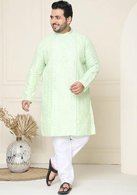 Sea Green Thread Work Cotton Kurta Set For Men