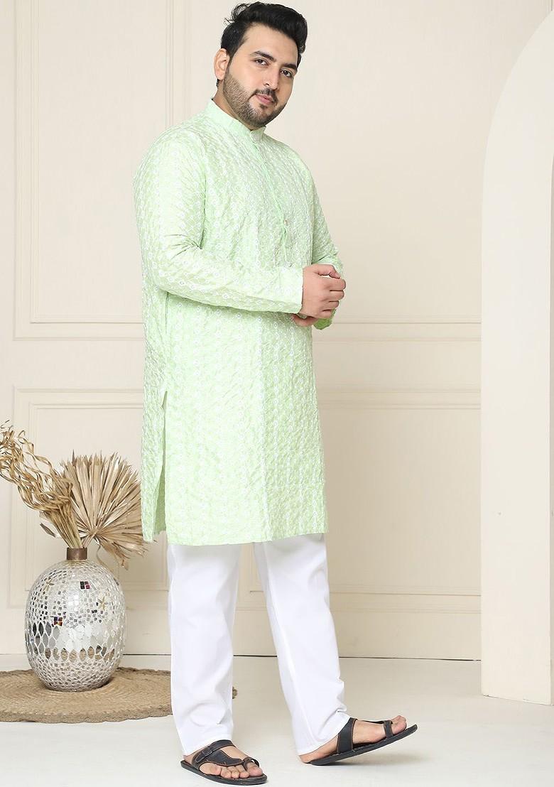 Sea Green Thread Work Cotton Kurta Set For Men