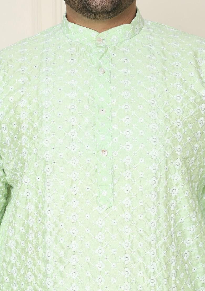 Sea Green Thread Work Cotton Kurta Set For Men