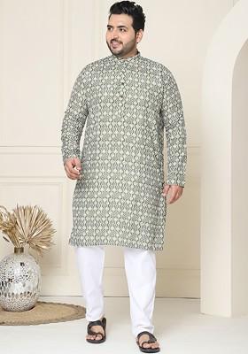 Olive Printed Cotton Kurta Set For Men