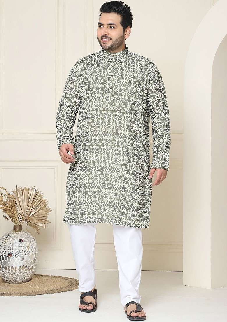 Olive Printed Cotton Kurta Set For Men - Indya
