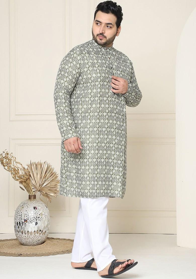 Olive Printed Cotton Kurta Set For Men