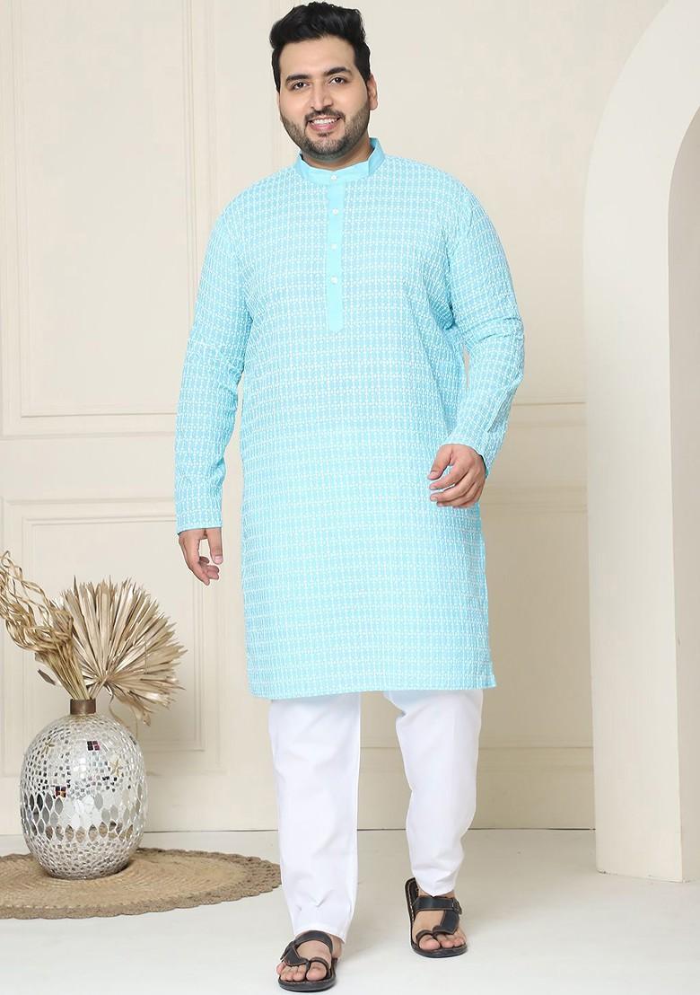 Blue Thread Work Cotton Kurta Set For Men
