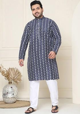 Navy Blue Thread Work Poly Blend Kurta Set For Men