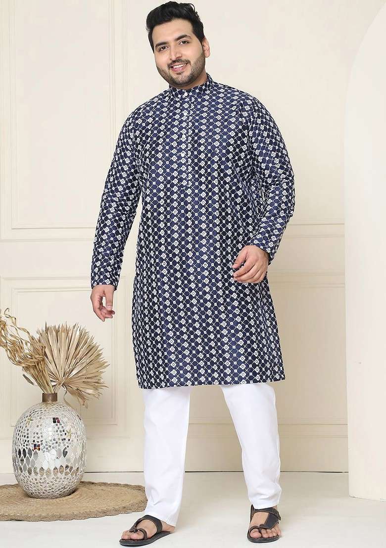 Navy Blue Thread Work Poly Blend Kurta Set For Men - Indya