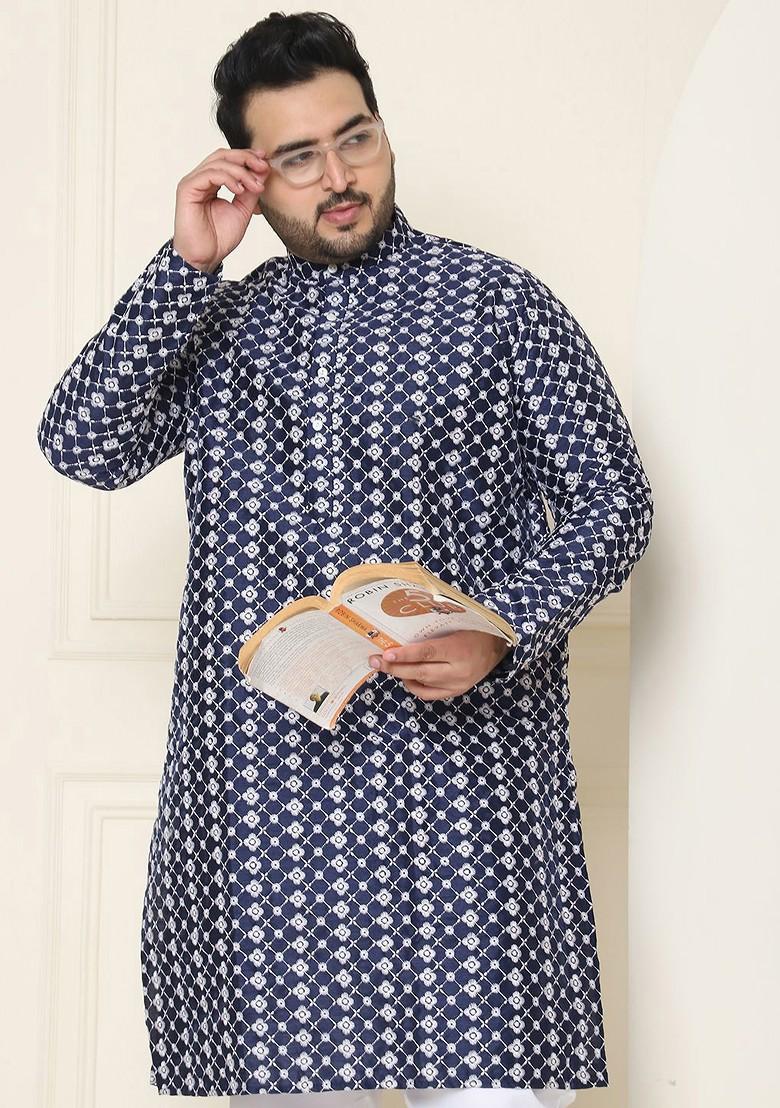Navy Blue Thread Work Poly Blend Kurta Set For Men