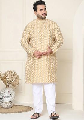 Gold Thread Work Cotton Kurta Set For Men