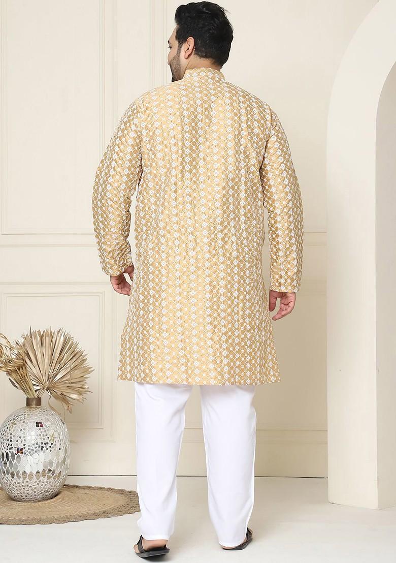 Gold Thread Work Cotton Kurta Set For Men